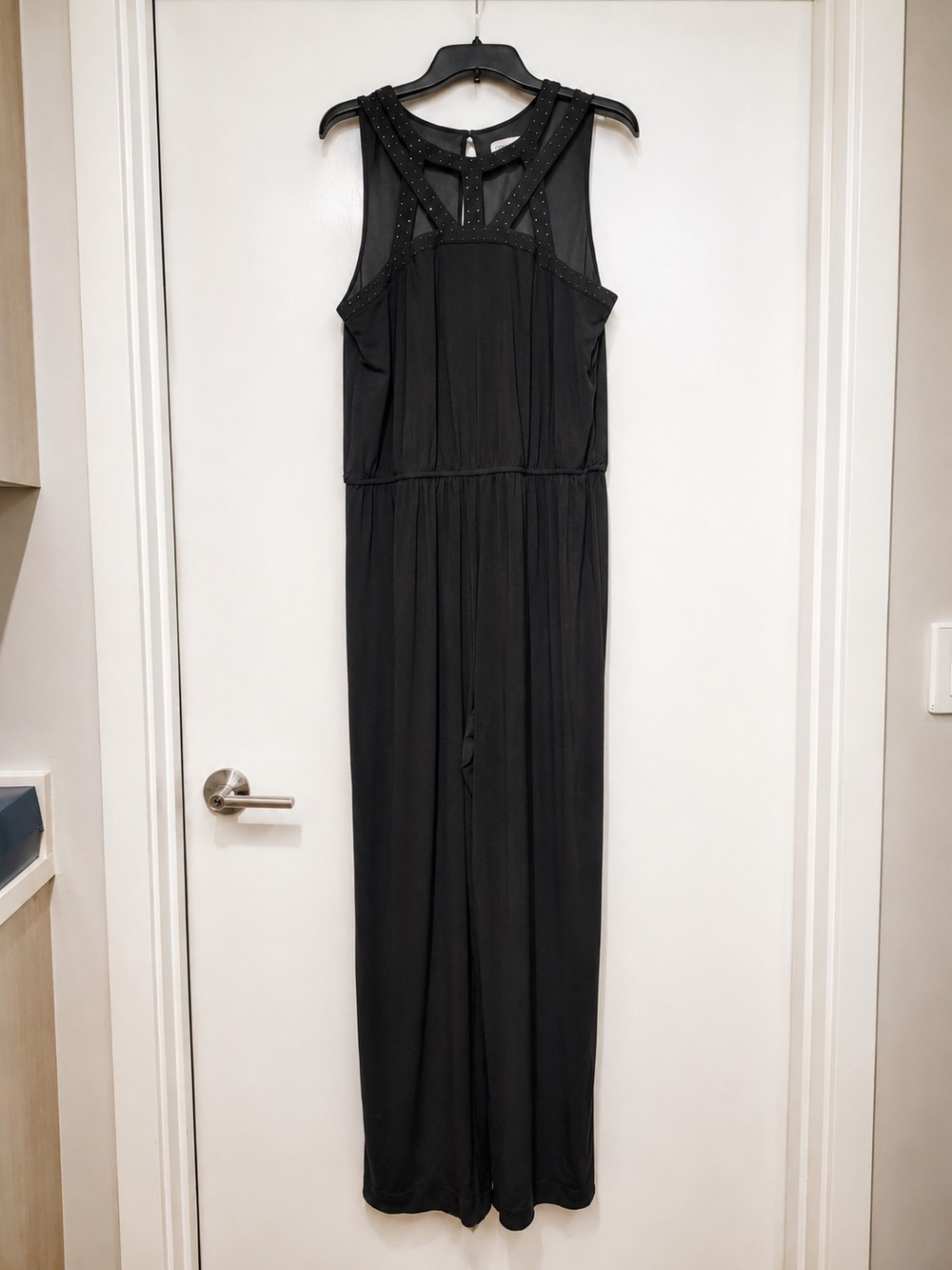 Wide Leg Jumpsuit Rhinestone Cutout Neckline Stretch Flowy